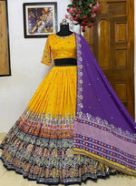 Thumbnail for Malishka Butter Silk With Mirror Work Navratri Special Lehenga Choli Set - Yellow - Distacart