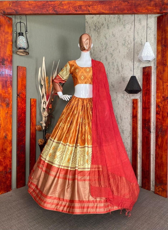 Malishka Zari Satin With Printed Navratri Special Lehenga Choli Set - Red - Distacart