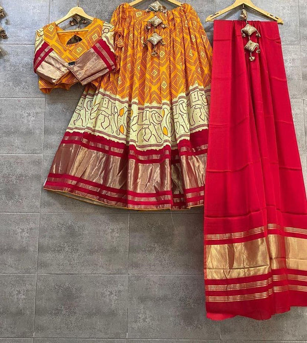 Malishka Zari Satin With Printed Navratri Special Lehenga Choli Set - Red - Distacart