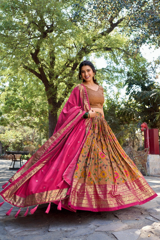 Malishka Tussar Silk With Foil Print Lehenga Choli Set - Mustard - Distacart