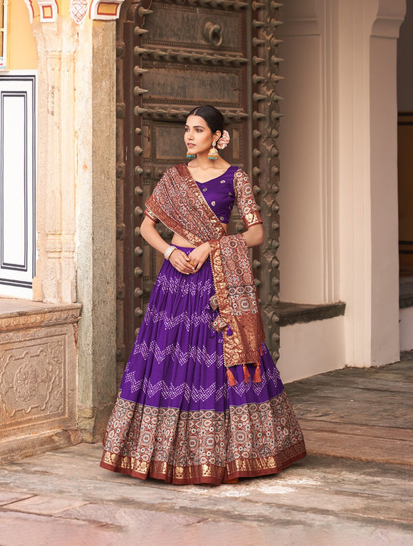 Malishka Tussar Silk With Ajrakh Print Lehenga Choli Set - Purple - Distacart