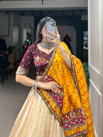 Thumbnail for Malishka Dola Silk With Gamthi Work Navratri Special Lehenga Choli Set - Cream - Distacart