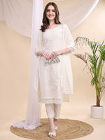 Thumbnail for Beads & Swarovski Embroidered Kurta With Pant & Dupatta, White - Hiral Fashion - Distacart