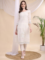 Thumbnail for Beads & Swarovski Embroidered Kurta With Pant & Dupatta, White - Hiral Fashion - Distacart