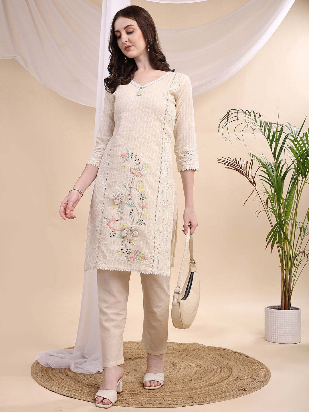 Mirror And Hand Embroidered Co Ords, Cream - Hiral Fashion - Distacart
