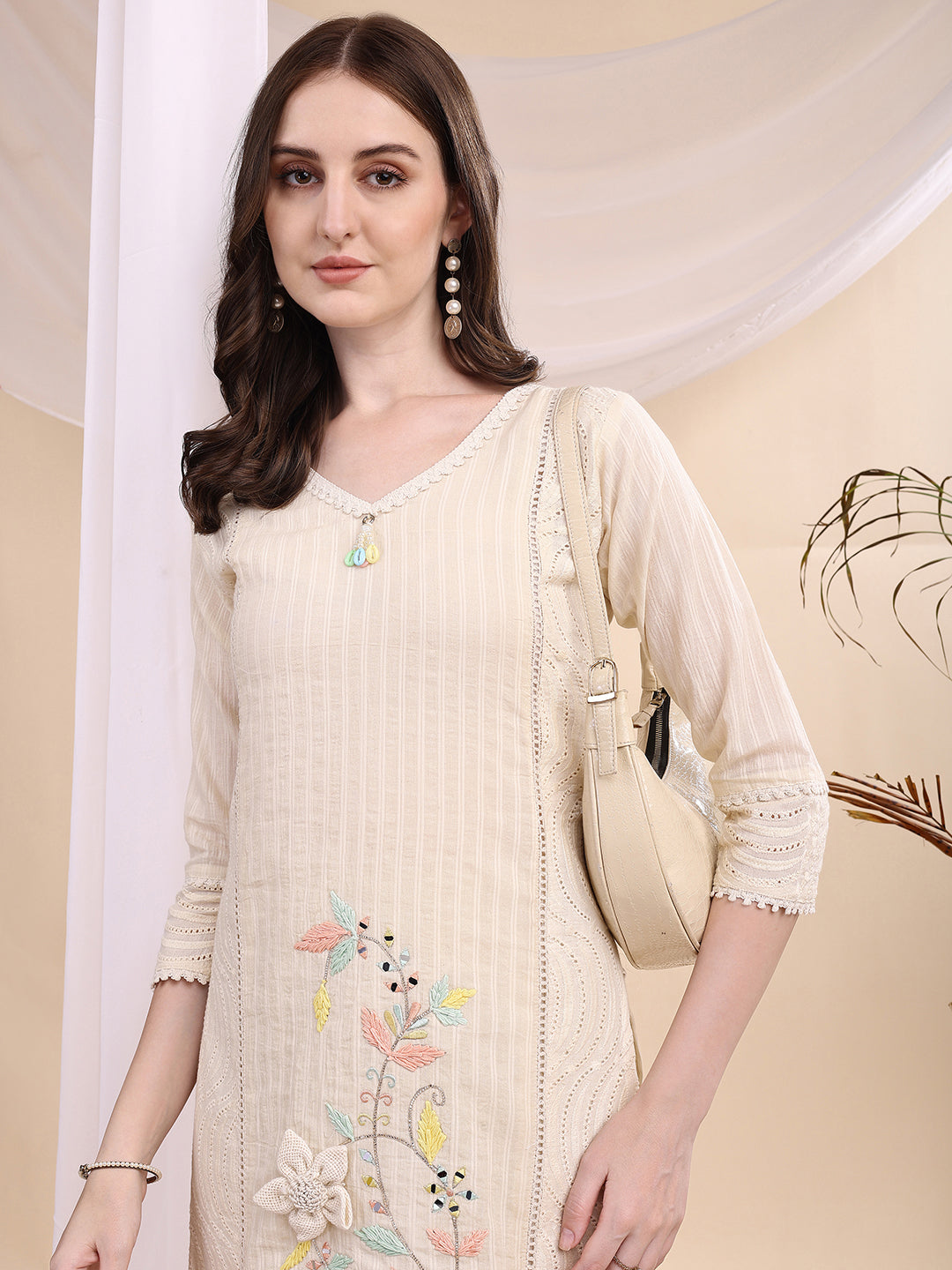 Mirror And Hand Embroidered Co Ords, Cream - Hiral Fashion - Distacart