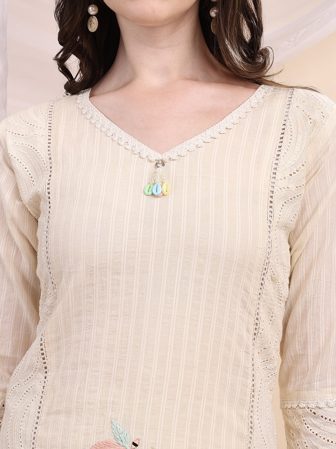 Mirror And Hand Embroidered Co Ords, Cream - Hiral Fashion - Distacart