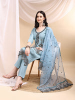 Thumbnail for Embroidered Kurta With Pant & Embroidered Dupatta, Aqua-Blue - Hiral Fashion - Distacart