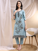 Thumbnail for Embroidered Kurta With Pant & Embroidered Dupatta, Aqua-Blue - Hiral Fashion - Distacart