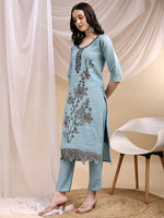 Thumbnail for Embroidered Kurta With Pant & Embroidered Dupatta, Aqua-Blue - Hiral Fashion - Distacart