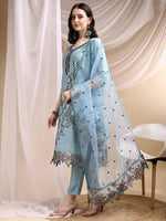 Thumbnail for Embroidered Kurta With Pant & Embroidered Dupatta, Aqua-Blue - Hiral Fashion - Distacart