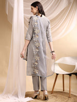 Thumbnail for Hand & Thread Placement Embroidered Kurta With Pant & Embroidered Dupatta, Grey - Hiral Fashion - Distacart