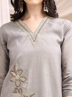 Thumbnail for Hand & Thread Placement Embroidered Kurta With Pant & Embroidered Dupatta, Grey - Hiral Fashion - Distacart