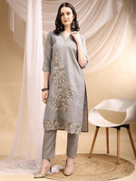 Thumbnail for Hand & Thread Placement Embroidered Kurta With Pant & Embroidered Dupatta, Grey - Hiral Fashion - Distacart