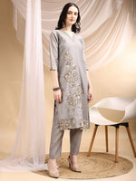 Thumbnail for Hand & Thread Placement Embroidered Kurta With Pant & Embroidered Dupatta, Grey - Hiral Fashion - Distacart