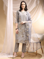 Thumbnail for Hand & Thread Placement Embroidered Kurta With Pant & Embroidered Dupatta, Grey - Hiral Fashion - Distacart
