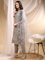 Thumbnail for Hand & Thread Placement Embroidered Kurta With Pant & Embroidered Dupatta, Grey - Hiral Fashion - Distacart