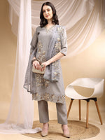 Thumbnail for Hand & Thread Placement Embroidered Kurta With Pant & Embroidered Dupatta, Grey - Hiral Fashion - Distacart