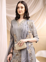Thumbnail for Hand & Thread Placement Embroidered Kurta With Pant & Embroidered Dupatta, Grey - Hiral Fashion - Distacart