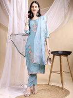 Thumbnail for Hand Embroidered Kurta With Pant & Embroidered Dupatta, Turquoise - Hiral Fashion - Distacart