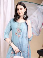 Thumbnail for Hand Embroidered Kurta With Pant & Embroidered Dupatta, Turquoise - Hiral Fashion - Distacart