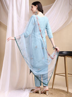 Thumbnail for Hand Embroidered Kurta With Pant & Embroidered Dupatta, Turquoise - Hiral Fashion - Distacart