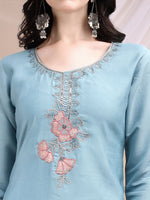 Thumbnail for Hand Embroidered Kurta With Pant & Embroidered Dupatta, Turquoise - Hiral Fashion - Distacart