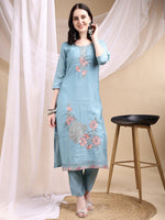 Thumbnail for Hand Embroidered Kurta With Pant & Embroidered Dupatta, Turquoise - Hiral Fashion - Distacart