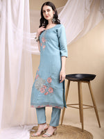 Thumbnail for Hand Embroidered Kurta With Pant & Embroidered Dupatta, Turquoise - Hiral Fashion - Distacart