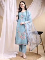 Thumbnail for Hand Embroidered Kurta With Pant & Embroidered Dupatta, Turquoise - Hiral Fashion - Distacart