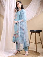 Thumbnail for Hand Embroidered Kurta With Pant & Embroidered Dupatta, Turquoise - Hiral Fashion - Distacart