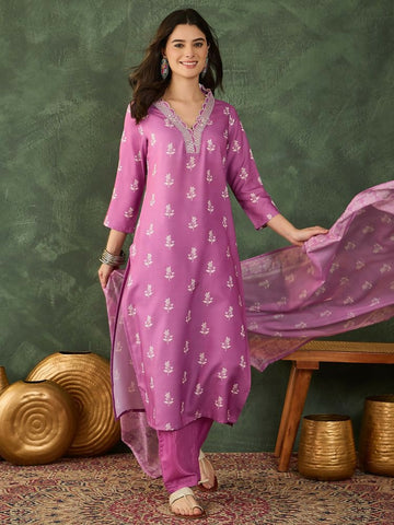 The52 Women's Gorgeous Rayon Fabric Printed Work Straight Kurta Pant and Dupatta Set - Dista