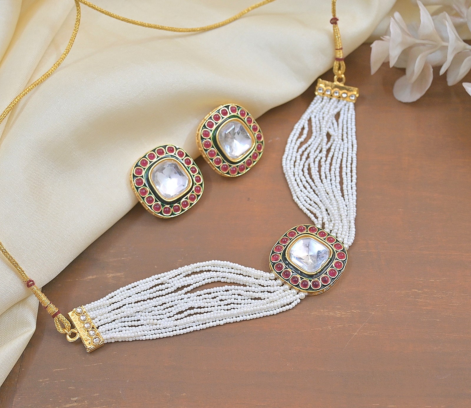 Jewel City Handcrafted Kundan Pearl Necklace Set with Ruby Red Stones - Traditional Indian Wedding Jewelry with Earrings