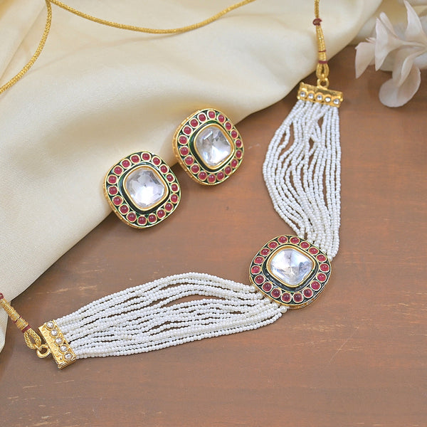 Jewel City Handcrafted Kundan Pearl Necklace Set with Ruby Red Stones - Traditional Indian Wedding Jewelry with Earrings