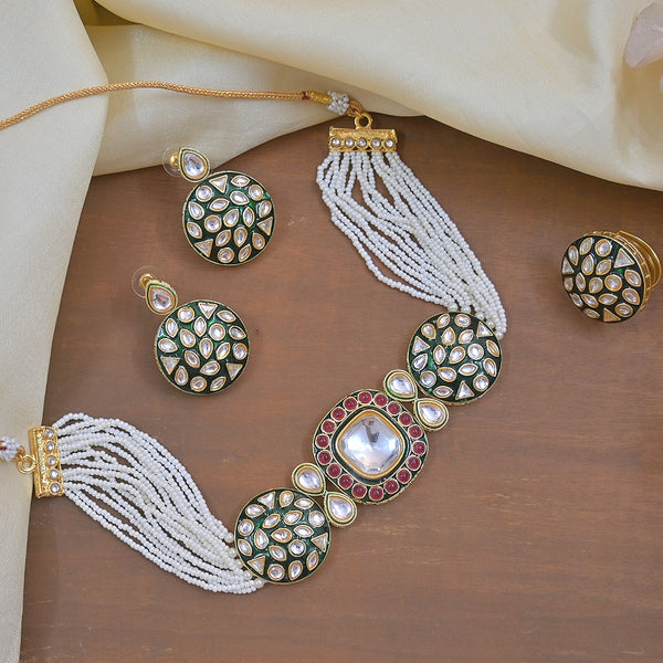 Jewel City Luxury Kundan Pearl Side Necklace Set - Handcrafted Indian Bridal Jewelry with Green Meenakari and Ruby Accents