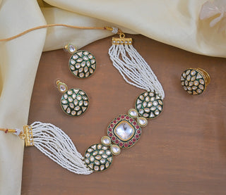 Jewel City Luxury Kundan Pearl Side Necklace Set - Handcrafted Indian Bridal Jewelry with Green Meenakari and Ruby Accents