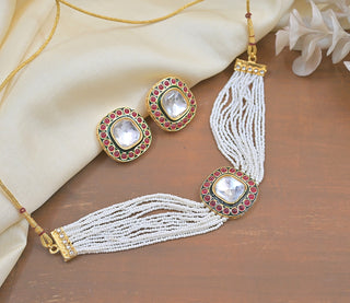 Jewel City Handcrafted Kundan Pearl Necklace Set with Ruby Red Stones - Traditional Indian Wedding Jewelry with Earrings
