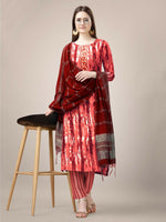 Thumbnail for Jyoti Fashion Women's Orange Rayon Print with Embroidery & Fancy Lace Work Kurta with Trouser & Dupatta - Distacart