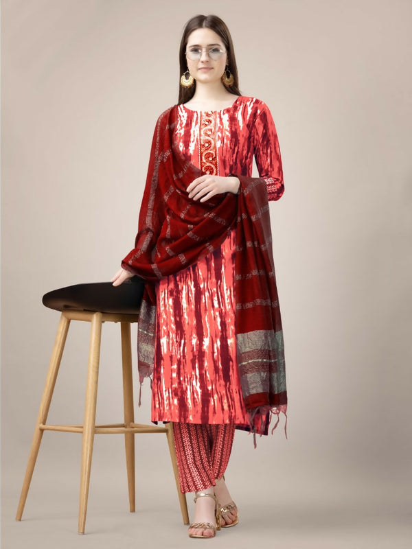 Jyoti Fashion Women's Orange Rayon Print with Embroidery & Fancy Lace Work Kurta with Trouser & Dupatta - Distacart