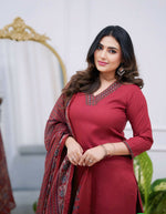 Thumbnail for The52 Maroon Women's Gorgeous Parampara Fabric Embroidered Work Straight Kurta Pant and Dupatta Set - Distacart