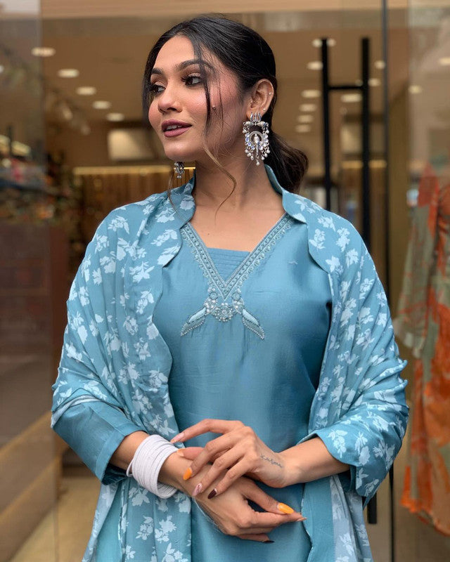 Malishka Women's Sky Blue Viscose Embroidery Kurta Set With Dupatta - Distacart