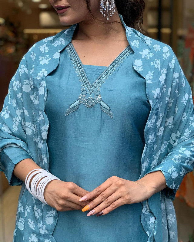 Malishka Women's Sky Blue Viscose Embroidery Kurta Set With Dupatta - Distacart