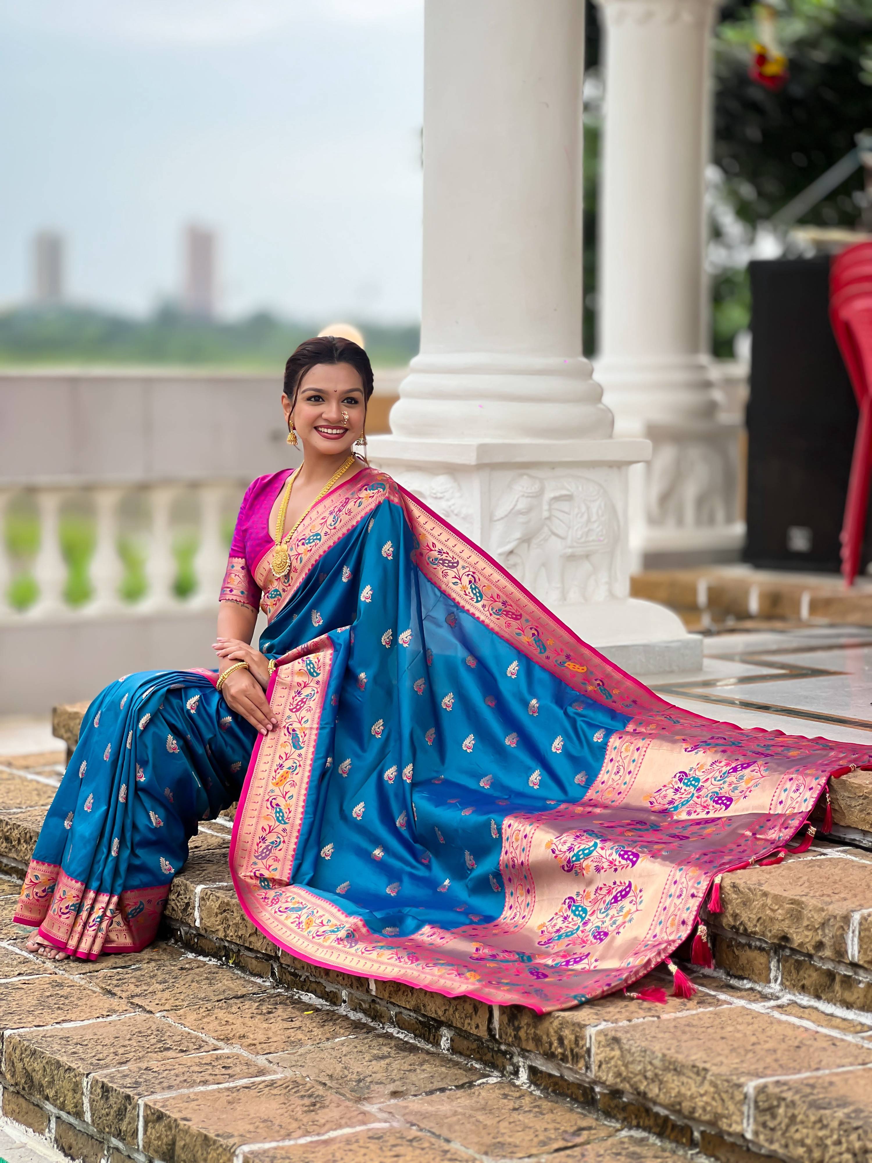 Mameraa Sarees Teal Blue Faux Banarasi Silk Saree With Paithani Rich Weaved Pallu And Blouse-Teal - Dista