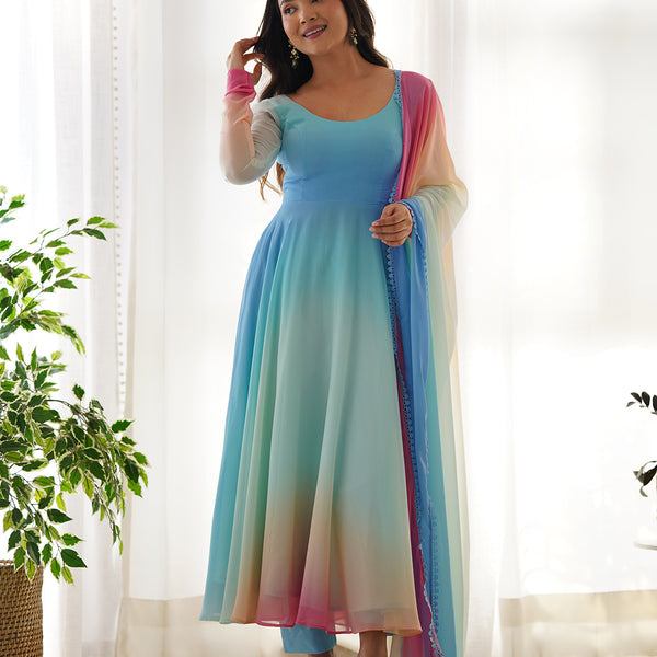 Lorenvalley Fashion Women Pure Soft Georgette Padding Fabric Fully Flair Anarkali Pant With Dupatta Set - Blue - Distacart