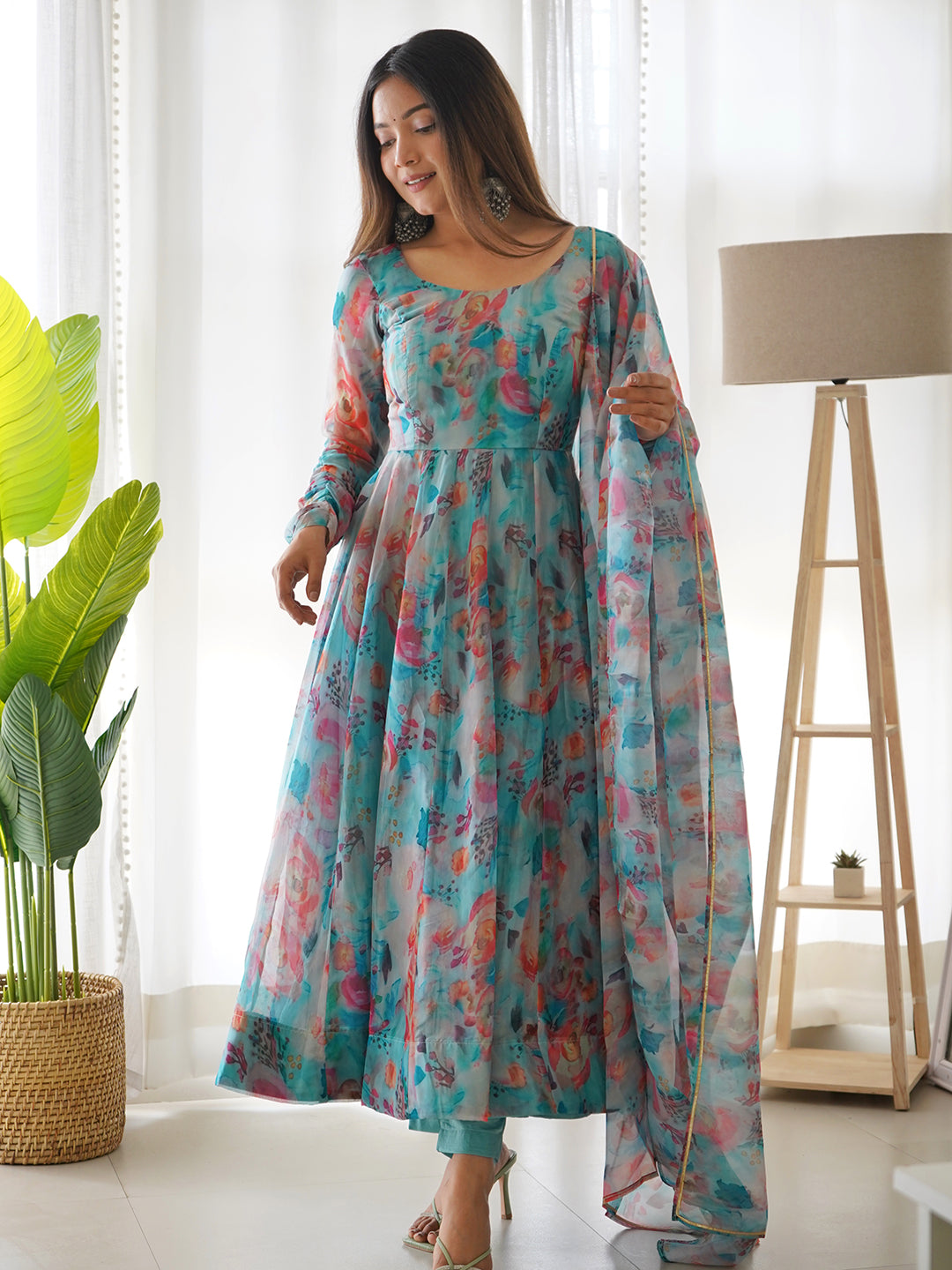 Lorenvalley Fashion Women Tabby Organza Silk Fully Flair Kali Pattern Anarkali Pant With Dupatta Set - Blue - Distacart