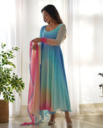 Thumbnail for Lorenvalley Fashion Women Pure Soft Georgette Padding Fabric Fully Flair Anarkali Pant With Dupatta Set - Blue - Distacart