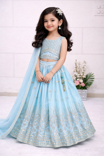 Evanik Skyblue Chinon Silk Embroidered Work Wedding Kids Lehenga Choli - Dista