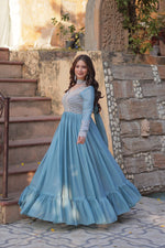 Thumbnail for Evanik Sky Blue Star Georgette with Embroidery Beads Sequins-work Gown With Dupatta