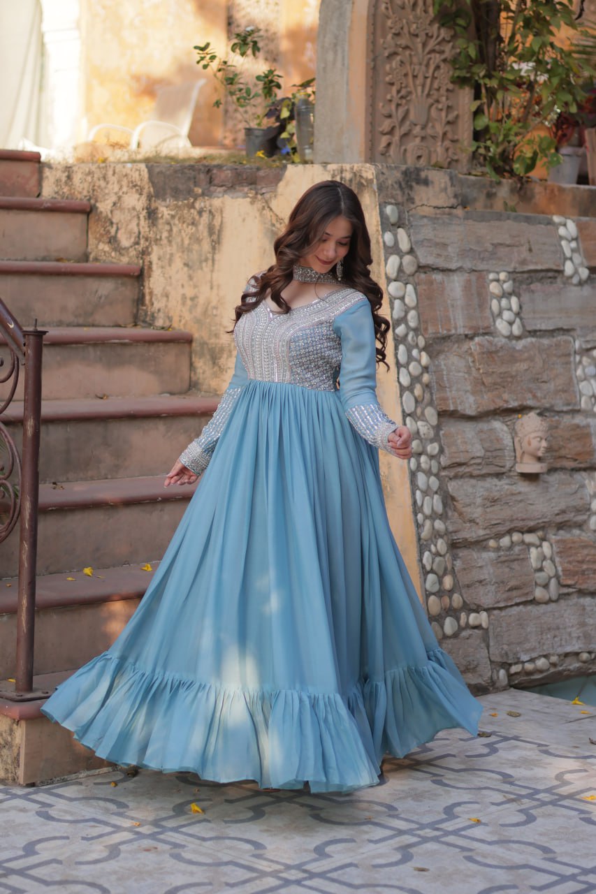 Evanik Sky Blue Star Georgette with Embroidery Beads Sequins-work Gown With Dupatta