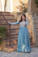 Thumbnail for Evanik Sky Blue Star Georgette with Embroidery Beads Sequins-work Gown With Dupatta